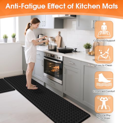 TranquilRelax Kitchen Mats, Cushioned Mats with Extra-Long Runner, Black | Kitchen mats for floor, water-resistant anti fatigue mats for kitchen floor with non-slip backing; 17.3 x 30 and 17.3 x 71 in - color: Black, size: 2-Piece | 30"+71" | Standard