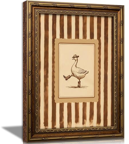 Vintage Gold Framed Western Wall Art Funny Cowboy Silly Goose Painting Canvas Prints Dancing Duck Stripe Picture Poster Rustic Farmhouse Nursery Animal Artwork for Living Room Bedroom Kids Room - color: Goose, size: 24"L x 16"W