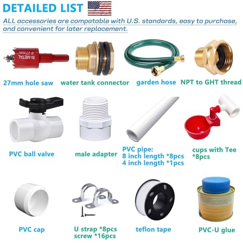 Automatic Chicken Watering System with 1/2" PVC Pipe & Hose Connector Kit, Leak-Proof and Easy-Assembly Chicken Drinker for Coops, Compatible with Water Tanks
