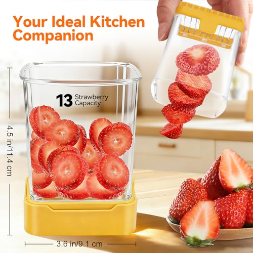 Strawberry Slicer Cup, Fruit Cutter, Quick-Slice, Meal Prep, Yellow | Dual-Function Base, Easy-Clean & Storable – 304 Stainless Steel Blade – Quick & Safe Slicing Kitchen Gadget - color: Yellow