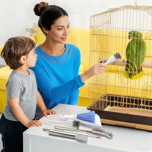 Plus tard 6-Piece Bird Cage Cleaning Kit with Stainless Scraper | Multiple Scraping and Brushing Shapes Reach Bars, Posts and Corners to Loosen Dried Messes and Speed Routine Cleanup