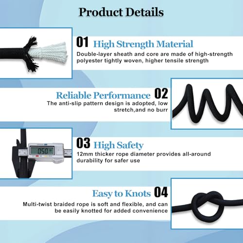 Double Braided Polyester Rope (1/2 in x 100 ft) Strong Arborist Rigging Rope 48 Strands for Tree Work Climbing Pulling Sailing, Black - size: 1/2inch x 100feet