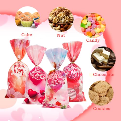 100 Pack Valentine Treat Bags,Valentines Cellophane Treat Bags, Plastic Valentines Goodie Bag Candy Cookie Bakery Heart Clear Gift Bag for Valentine's Day Holiday Wedding Party Favors Supplies - color: Valentines, size: 1 count (Pack of 100)
