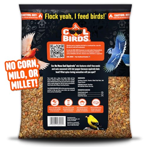 Cool Birds No Mess Sad Squirrels Hot Bird Seed, 10 lb | Spicy shell-free blend of peanuts, sunflower hearts & chili pepper oil – Birds can't detect heat, critters can
