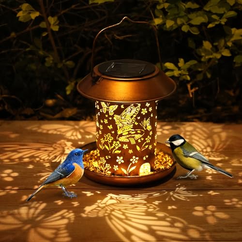 Solar Bird Feeders for Outdoors Hanging,Metal Waterproof Outdoor Summer Bird Feeders Lantern Modeling Decor,Wild Bird Feeder Weather Resistant Gifts for Friends,Yard,Patio,Porch,Balcony - size: 1pack Butterfly