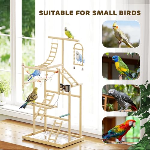 PawHut Bird Playground 4 Layer Wooden Parrot Play Stand for Parakeets | Ladders, Chain Toy, Stainless Steel Cups and Tray, Bird Cage Accessories, for Cockatiels, Finches, Lovebirds, Budgie