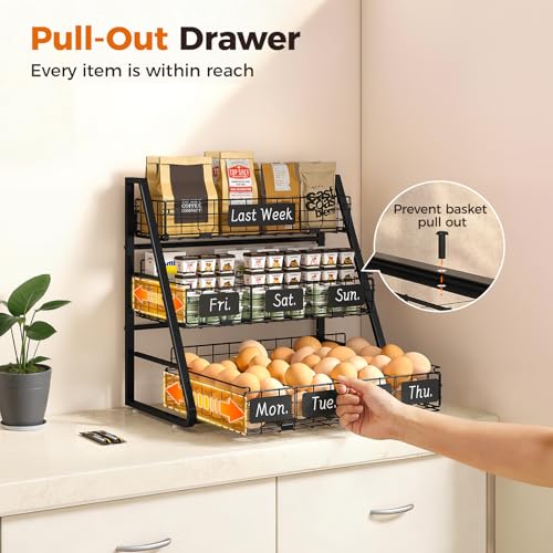 Egg Holder Countertop with 3 Pull-Out Tier Baskets, Black | Sturdy Metal Frame, 5 Adjustable Dividers,7 Date Tags, Egg Basket for Gathering Fresh Eggs, Chicken Coop Accessories - color: Black