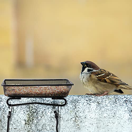 2 Pcs Deck Railing Balcony Bird Feeder Tray with 4 Fixed Elastic Ropes | 7x7x2 Inch, Metal Iron, Rust-resistant, Fits Deck Railing, Balcony, Garden Wall, Backyard, for Wild Birds and Squirrels