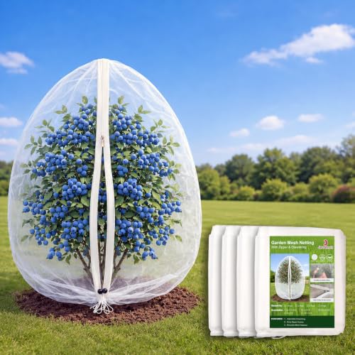Jevrench 4 Pack 2.6 x 3.6ft Garden Netting for Plants, Fruit Tree Netting with Zipper & Drawstring, Bird Netting for Garden Protection, Blueberry Bushes, Tomato Plants & Fruit Trees - size: 2.6 x 3.6ft – 4 Pack