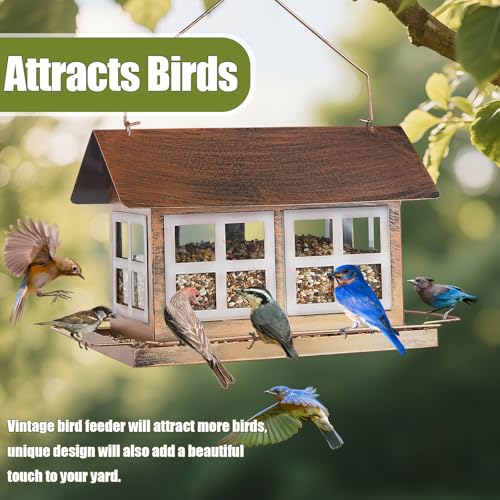 Bird Feeder, Waterproof Bird Feeders for Outdoor Hanging | Heavy Duty Metal, 6LB Large Capacity, 4 Perches, Drain Holes, For Outside Garden Yard Country Hanging, House Shape - size: Horizontal