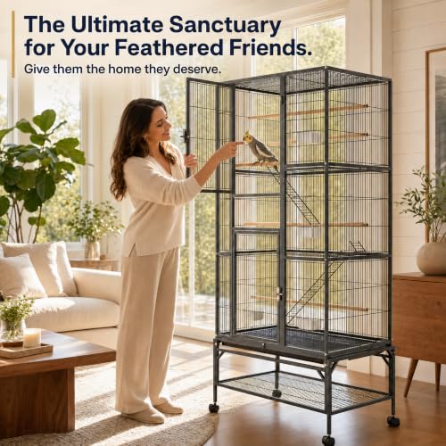Large Bird Cage & Parakeet Cage, 69" Parrot Flight Cage with Rolling Stand | 0.4" bar spacing, 3-tier aviary, 12 doors, removable mesh shelf, 6 feeders, ideal cockatiel cage & budgie cage
