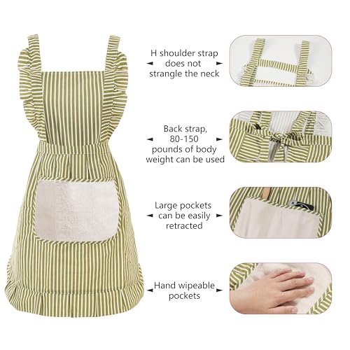 Cute Cotton Apron for Women, Adjustable Bib Cooking Kitchen Aprons with Pockets for BBQ Drawing Baking - color: Green Striped