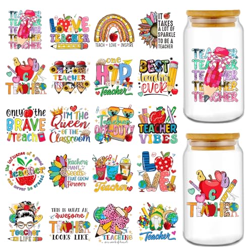 Rngmsi 20 Sheets Teacher Leopard Print UV DTF Cup Wrap Cold UV DTF Stickers | Back to School Classroom Uvdtf Stickers, Flower Rub on Transfer Decals, for DIY 16 oz Glass Mug Gift Crafts - style: Teacher