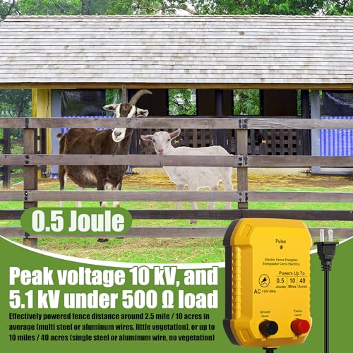 Electric Fence Charger Set 10 Mile 110VAC 0.5 Joule Electric Plug in Fence to Contain Chickens Pet Poultry 50 Black Insulator and 1 Socket Tool 250ft Aluminum Wire for Garden Pond Protection - style: 0.5 Joule