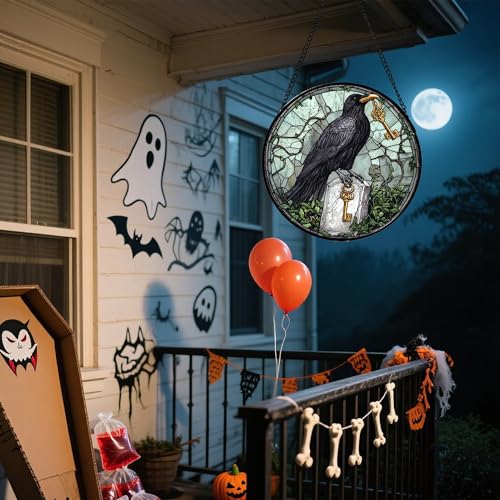 Stained Glass Window Hanging - Halloween Crow Holding A Key Suncatcher for Doors Garden Home Spooky Green Vines Sun Catchers Gothic Decor Horror Gift for Women Men Friend Boy Girl 15 in - color: Black Green, size: 15x15 IN