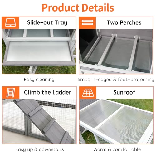 113inch Chicken Coop, Large Wooden Chicken Coop with Nesting Boxes & Run Cage for 3-6 Chickens, Outdoor Hen House Poultry Hutch Rabbit Cage with No-Slip Ramp & Pull-Out Tray for Backyard Farm (Gray) - color: Gray