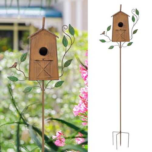 50" Bird Houses for Outside with Pole, Outdoor Metal Birdhouse for Patio, Yard, Garden, Brown - style: Cottage(Brown)