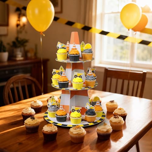 3 Tier Construction Theme Cupcake Stand Decoration Truck Birthday Party Cupcake Tower Dump Truck Car Dessert Holder for Construction Baby Shower Birthday Party Supplies - style: Construction