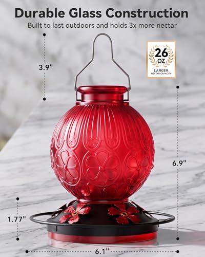 26Oz Hummingbird Feeder for Outdoors, Vintage Glass Bird Feeder with Perch, Durable & Easy to Clean, Hanging Nectar Feeder for Garden, Yard, Deck – Gift for Bird Lovers (Red) - color: Red