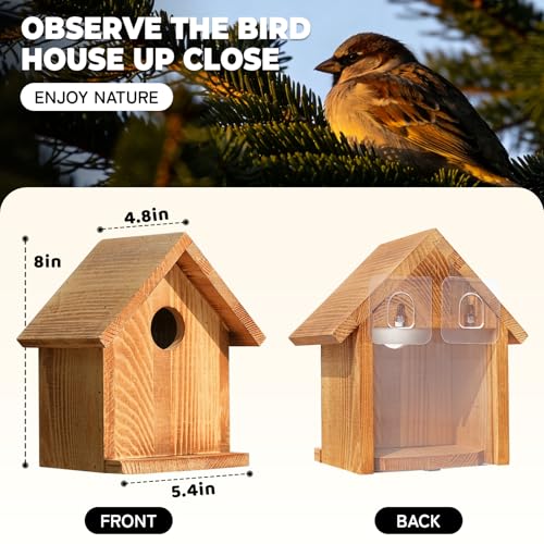 Window Bluebird House for Outside, Birdhouses with Weather Treated | 2 Hanging Hooks, Simple Installation, Easy to Clean, Outdoor Placement, Wild Bird Watching, for Garden, Patio, Fence