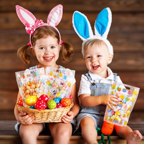 Frienda 60 Pcs Easter Plastic Candy Bags Bulk Easter Egg Zippered Treat Bags Bunny Goodie Bag with Handle Spring Party Favor Gift Pouch for Wedding Birthday Party Supplies