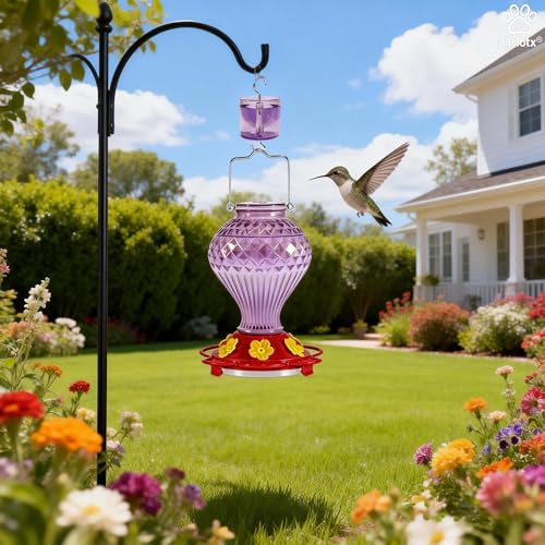 Glass Hummingbird Feeder for Outdoors Hanging, 20 oz Nectar Capacity, 6 Feeding Ports, Leak-Proof Rust-Free Plastic Base, Easy to Refill & Clean, Decorative Purple Glass Bird Feeder for Garden Patio - color: Purple, size: 20 Fluid Ounces