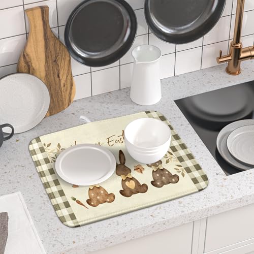 Giwawa Happy Easter Dish Drying Mat for Countertop, 16"x18" Cute Bunny Rabbits Eggs Carrot Dish Drainer Mats, Bufflao Plaids Fast Dry Microfiber Large Dish Drying Pad Kitchen Accessories Decor - size: 18" x 16"