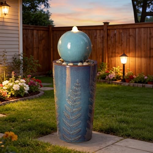 Autodaya 30" Sphere Outdoor Water Fountain, Teal Blue Ceramic Glaze | Modern Nature-Inspired Design with Leaf Patterns & Pebbles, Soothing Trickling Water Feature for Patio, Yard, Garden, Porch - color: 29.5"h-sphere Teal Blue Glaze