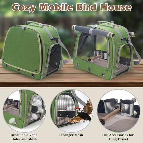 Bird Carrier Parrot Travel Cage with Perch, Food Bowl, Tray and Breathable Clear Window, Bird Travel Bag for African Gray Cockatiel Caique Conure Quaker, for Vetting Camping Hiking (Green) - color: Green