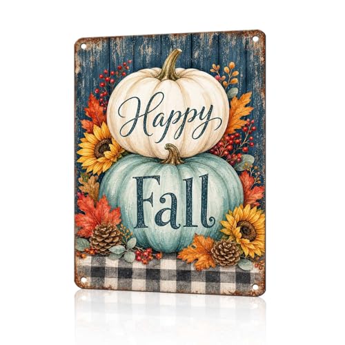 Happy Fall Teal White Pumpkin Pinecone Tin Sign Rustic Buffalo Plaid Wall Art for Entryway Kitchen Dining Room Living Room and Farmhouse Home Decor 16 * 12In - color: Vintage Thanksgiving Tin Sign 14, size: 30X40cm(12*16in)