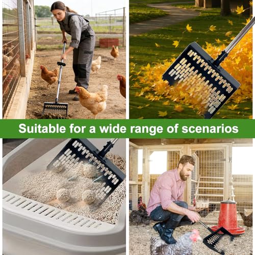 Chicken Poop Scooper, 2-in-1 Coop Scoop & Chicken Poop Rake, 12" Wide Sifting Shovel with 25-66" Adjustable Stainless Steel Handle, Heavy Duty Metal Pooper Scooper for Backyard Chicken Coop