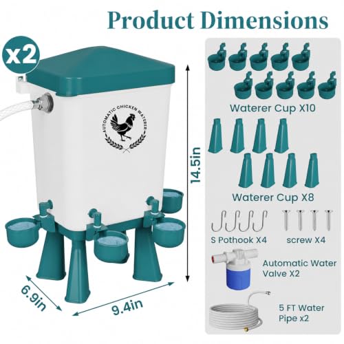 2 Pack 3 Gallon Automatic Chicken Waterer with Float Valve, Poultry Waterer with 10 Chicken Water Cups, 5 FT Water Pipe, Chicken Water Feeder for Coop, Ducks, Hens, Farm, Backyard(Blue) - color: Blue, size: Auto-2pcs