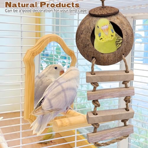 PINVNBY Coconut Bird Nest Hut with Ladder, Coconut Bird Hideout Lovebird House Hanging Toy for Budgies Parakeet Cockatiels Conure Canary Finch Pigeon (with Natural Coconut Fiber)