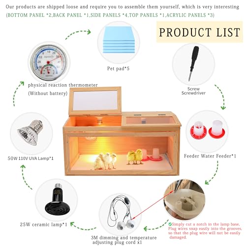 Large Chicken Brooder Box for Chick,Wooden Brooder Box 32" with Bulb Set and Thermometer - Accommodates Up to 25 Chicks-Ideal for Ducks,Quails,Hamsters,and Lizards（32x16x16 Inches）