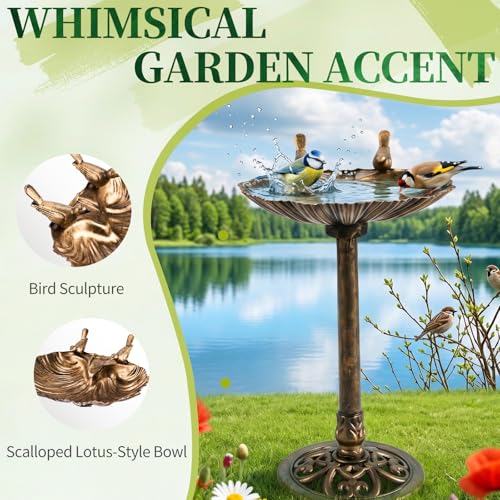 VINGLI Pedestal Bird Bath with Solar Fountain, Solar Pump Resin Birdbaths, Weather Resistant Bird Baths with Ground Stakes, Vintage Finish Garden Decor for Outdoor, Patio, Yard, Lawn (Copper Shell) - color: Copper shell