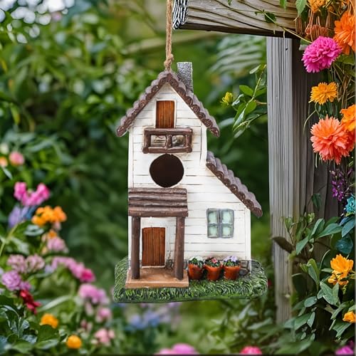 Yinns Resin Bird House, Decorative Home Bird House for Outside Garden Decor | Birdhouses for Outdoor Nesting, Decorative WaterProof Bird Houses for Yard Cardinal Bluebird Wild Birds Nesting - color: White Village House