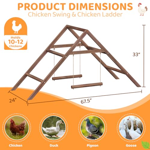 Pine Wood Chicken Perch with 2 Swings & Ladder, Multi-Level Chicken Roosting Bars for Backyard Coop, Roosting Bars for 10–12 Chickens, Easy to Assemble & Clean