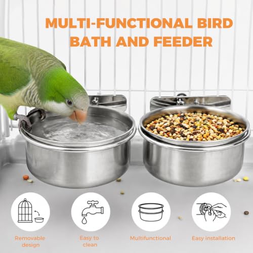 2 Pack Stainless Steel Bird Feeding Bowls, Parrot Food Water Dishes with Clamp Holder, Bird Feeding Cups for Cockatiel Budgie Parakeet Conure and Small Animals, 2 Feeding Spoons Included