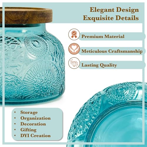 Decorative Blue Embossed Glass Jar with Airtight Wooden Lid, 25.4 fl. oz | Wide mouth vintage storage canister, kitchen pantry bathroom organization, coffee sugar tea cookie candy candle vase gift - size: 25.4 Ounces, style: Blue Flower