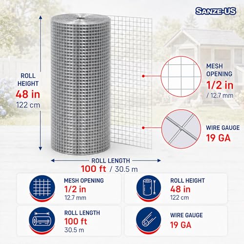 SANZEUS Hardware Cloth, 48in x 100ft 1/2in Mesh, 19GA Chicken Wire Fencing | Hot-dip galvanized after welding, heavy-duty wire mesh, rust resistant, chicken coops, garden beds, rabbit cages, tree guards - size: 1/2inch 48inx100ft