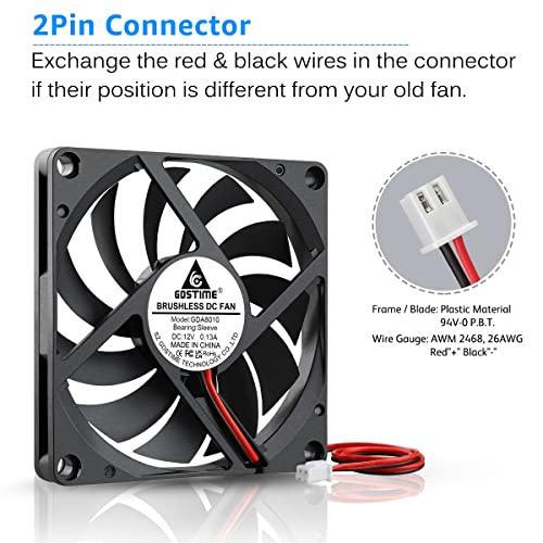 GDSTIME 80mm x 80mm x 10mm 12V Computer Case Brushless DC Cooling Fan 2Pin | Slim PC Fan 10mm, Replacement for Tight Spaces, 3D Printer Power Supplies, Hard Drive Case, MATX PSU - 8010, 80x80x10mm - size: 80x80x10mm