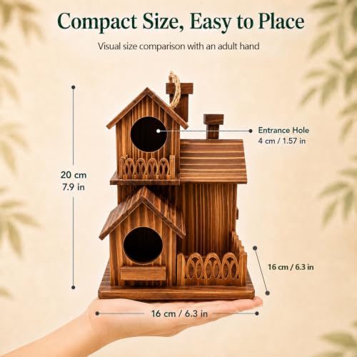 Wooden Bird Houses for Outside, 3 Compartments Villa Hanging Birdhouse, Carbonized Pine Nesting Box for Bluebird Wren Finch Backyard Garden Decor