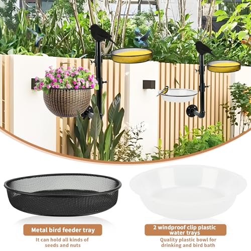 Wall Mounted Bird Feeder Fence Bird Feeder Platform with Metal Seed Tray and 2 Bird Bath Bowls Fence Tree Mount Bird Feeder Porch for Outside, Great for Attracting Wild Bird