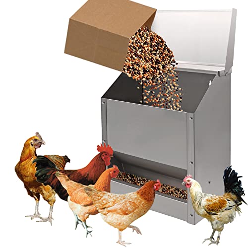 Galvanized Steel Chicken Feeders No Waste Poultry Food Dispenser | 25 Lbs Weatherproof Wall Mount Poultry Feeder with Lid, No Assembly Required, for Chickens, Ducks, Geese and Turkeys