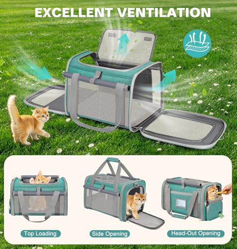 Cat Carrier Airline Approved Privacy Portable Top Load Pet Travel Bag | Soft Sided Pet Carriers for Small Cats Dogs Puppy up to 16 Lbs,Collapsible,Zipper Lock,Luggage Sleeve,2 Storage,Washable - color: Lake Green