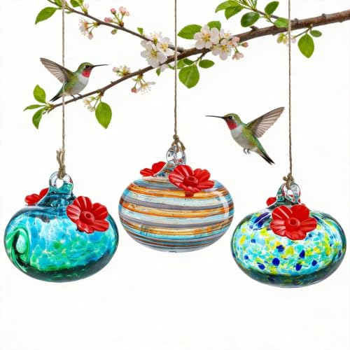 3PCS Glass Hummingbird Feeders for Outdoors with 2 Flower Feeding Ports | Lead-free, Bee-resistant Fower Feeding Ports, Dual-use Garden Decorative Feeder - color: Color-B