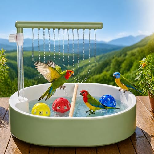 Bird Shower Bath with Waterproof Mat 41×29.5", Adjustable Flow Bird Bath Fountain with Plug Pump, Pet Bird Bath Set with Cleaning Brushes & Bell Toys for Parakeet Cockatiel