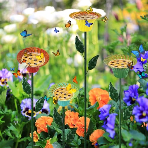 DREAMSOUL 4 Pack Metal Flower Bird Bath with Bee Watering Station | Shallow Basins Welcome Birds Bees and Butterflies Safely, Multifunctional Metal Tray, Weatherproof for Garden Use - size: 4PCS-E