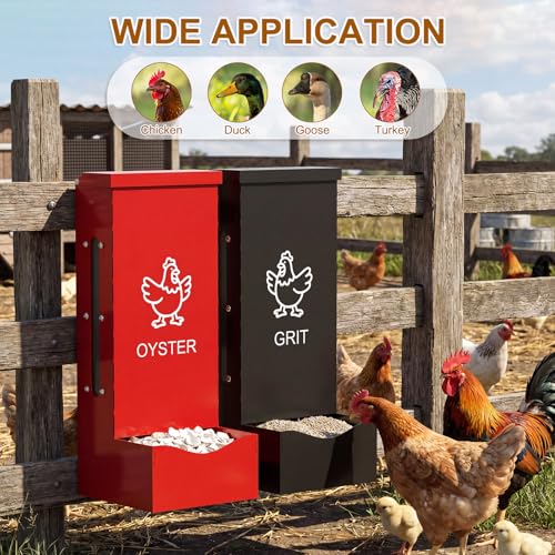 2 Pack Chicken Grit Oyster Shell Feeder, Metal Gravity Feeder with Lid | Wall Hanging Chicks Food Dispenser Chicken Coop Accessories for Hens Ducks Pigeons, Red+Black - color: Red + Black
