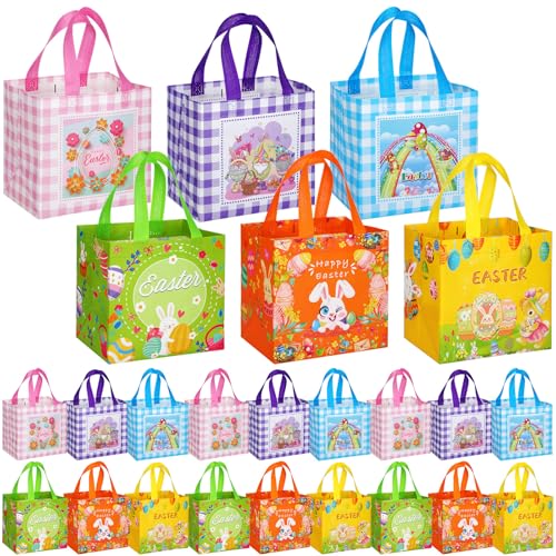 Sanwuta 24 Pcs Easter Gift Bags with Handles, Reusable Non-Woven Easter Goodie Bags Bulk, Bunny Egg Hunt Treat Baskets for Shopping Party Favor Supplies